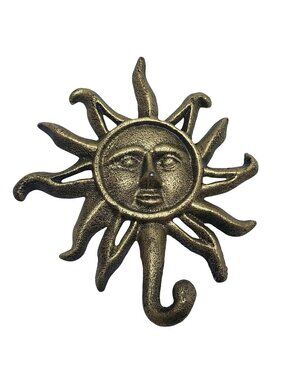 Vintage Cast Iron Celestial Sun Face Wall Hook With Antique Gold Finish